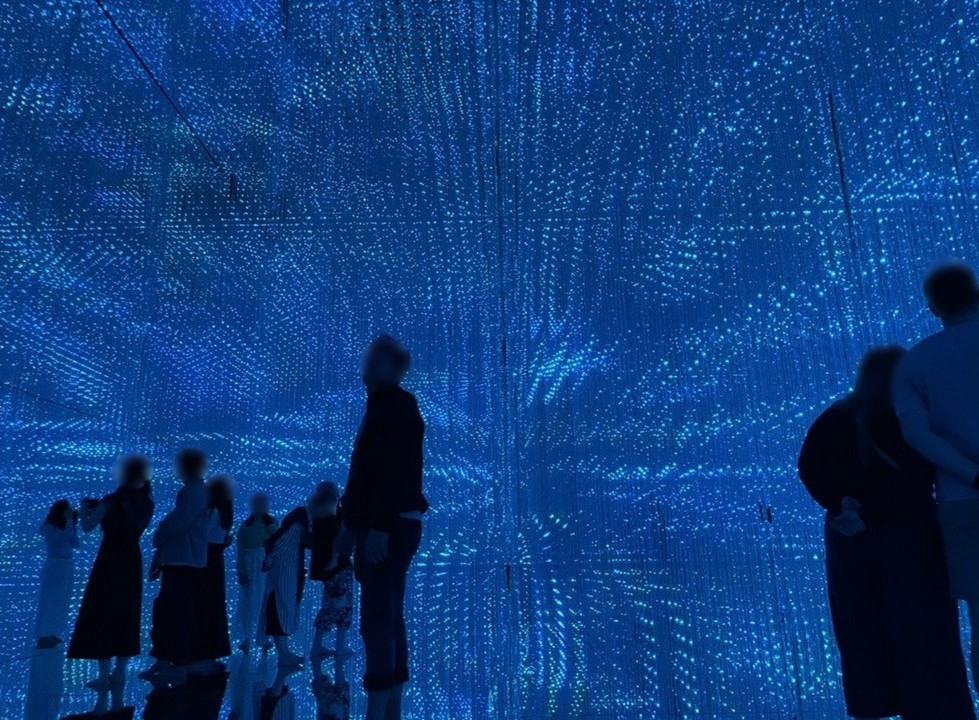 teamLab Planets 豊洲の光のインスタレーション。暗がりの中に無数の青い光が立体的に浮かび上がり、来館者が光の点群に包まれる没入型デジタルアート空間。