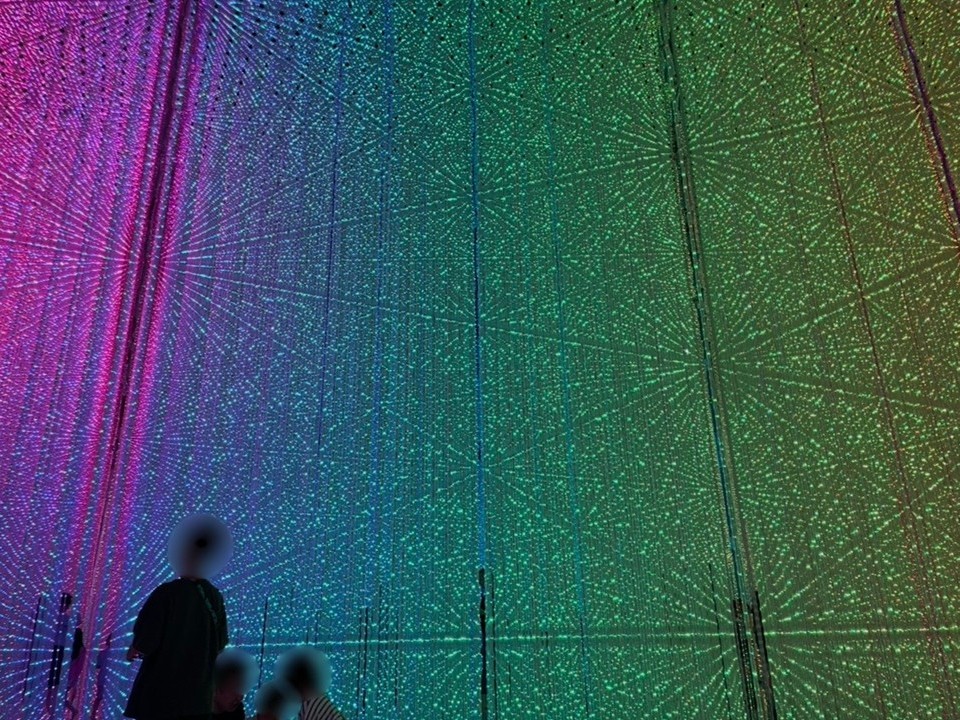 teamLab Planets 豊洲の光のインスタレーション。ピンクから緑へと変化する無数の光が空間を満たし、来館者が没入型デジタルアートの中で光に包まれる体験エリア。