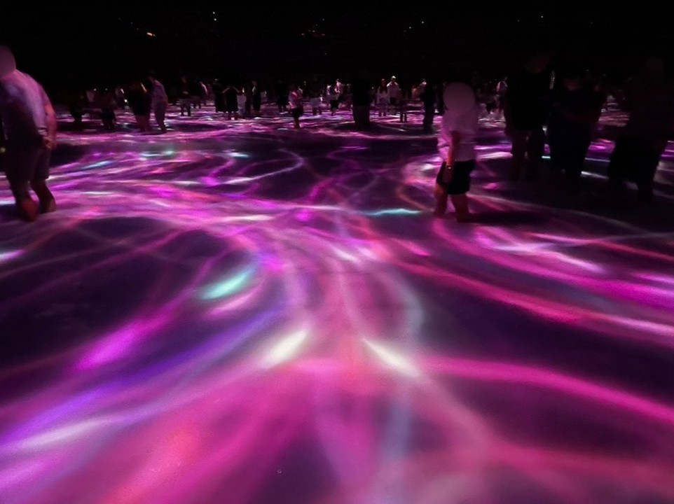 teamLab Planets 豊洲の「光の水面」エリア。床一面に広がる光が水面のように揺らめき、来館者が歩くたびに色と反射が変化する没入型デジタルアート空間。