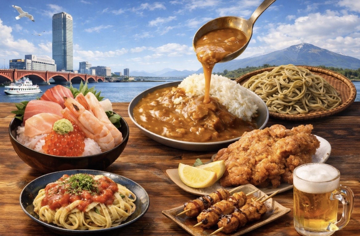 A selection of Niigata gourmet dishes, featuring seafood donburi, curry, hegi soba, fried chicken, yakitori, Italian-style noodles, and beer.