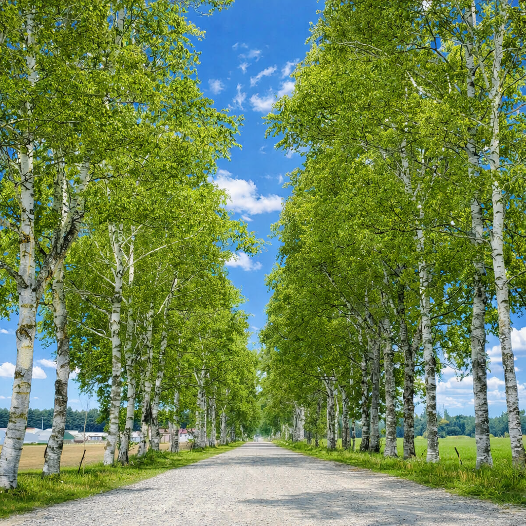 筆直道路兩側排列著白樺樹，白色樹幹與翠綠葉片形成天然隧道，視線沿著道路延伸至遠方的寧靜景色。
