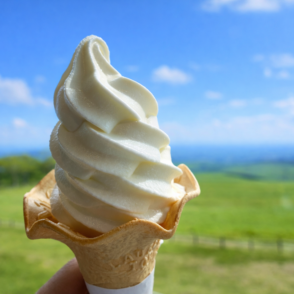 A soft-serve ice cream in a cone held by hand, with white swirls rising neatly on top.
In the background, green pastureland and a bright blue sky create a refreshing highland backdrop.