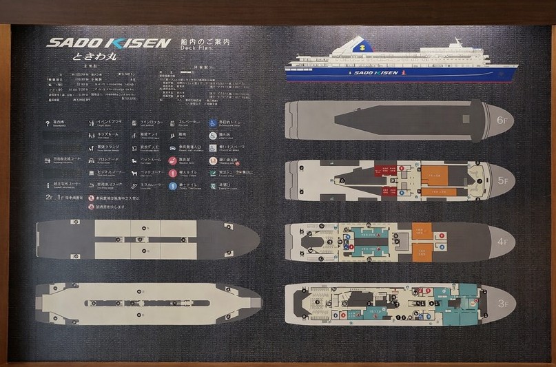 佐渡汽船「ときわ丸」的船內示意圖。以不同顏色標示各樓層的客艙、休息室與各項設施配置的導覽面板。