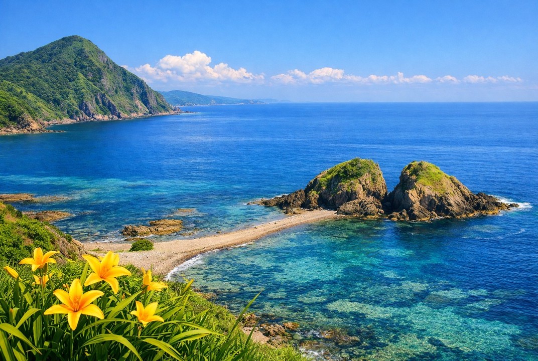 清澈海水與細長沙洲延伸至並立的二ツ龜岩石，後方是覆滿綠意的山丘。前景的黃色花朵在藍天之下點綴出佐渡海岸的迷人風景。