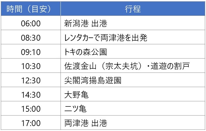 佐渡島の日帰りモデルコースの行程表。新潟港を早朝に出発し、両津港からレンタカーでトキの森公園・佐渡金山・尖閣湾・大野亀・二ツ亀を巡る流れが時間順に示されている。