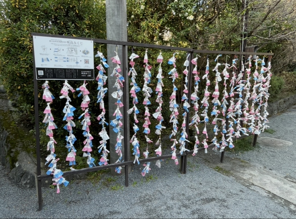 富士山本宮淺間大社的櫻花御籤結掛處,粉白色御籤成排綁在架上,旁邊有說明牌,是參拜者寄託心願的祈福空間。