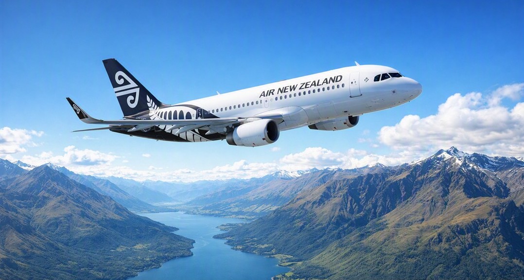 紐西蘭航空的機體在雄偉山脈與湖泊上空飛行的畫面。 以皇后鎮周邊的大自然為背景，呈現令人驚嘆的絕美航空照片。