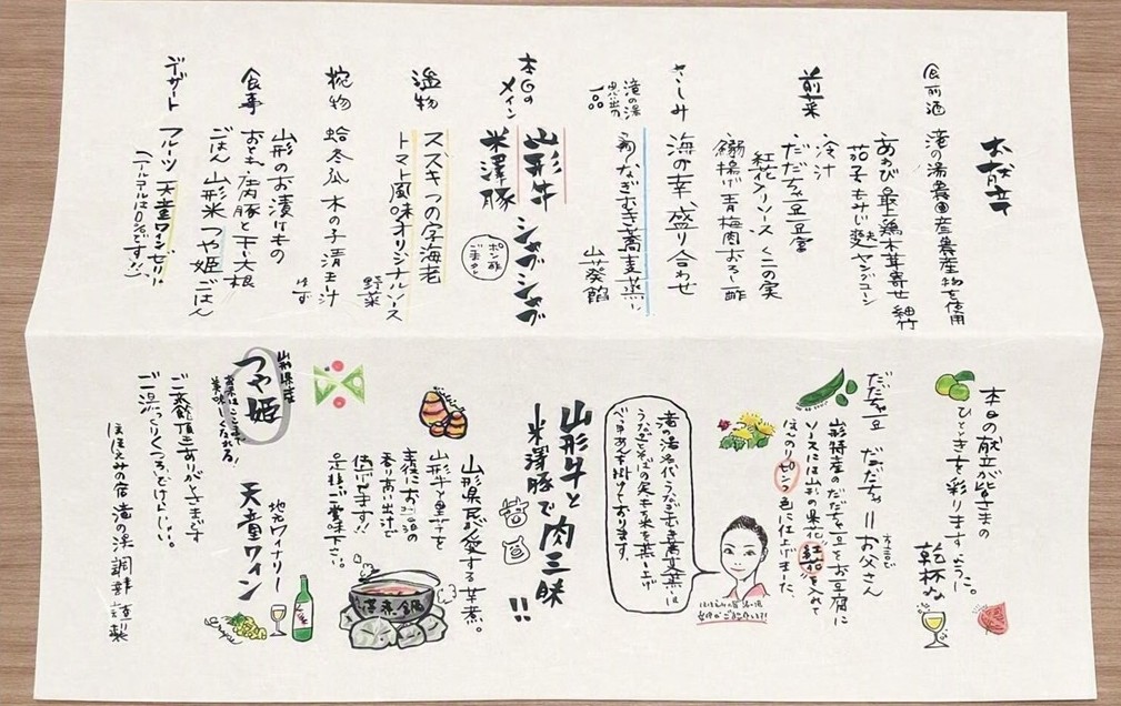 ほほえみの宿 滝の湯の夕食メニュー。だだちゃ豆豆腐や山形牛、スズキのグリルなど、山形の味覚を楽しめる献立が描かれた和紙風のメニュー表の写真。
