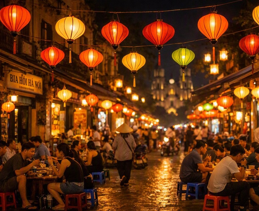 Night scene in Hanoi’s Old Quarter with colorful lanterns and people sitting on low stools enjoying street food