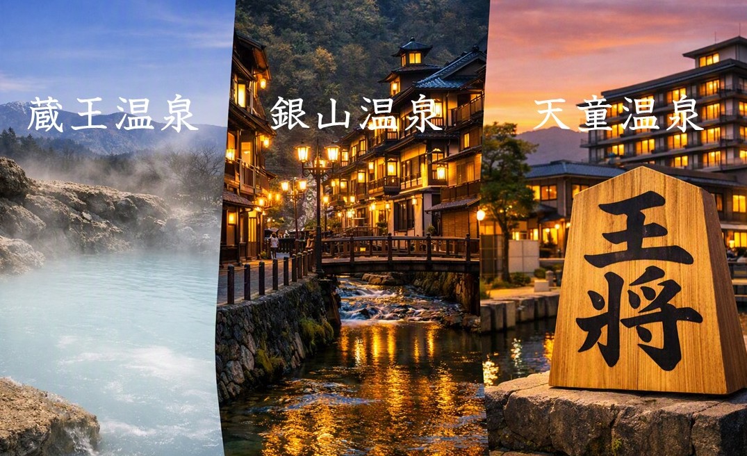 山形県の人気温泉地・蔵王温泉、銀山温泉、天童温泉を比較した旅行ブログ用アイキャッチ画像。乳白色の湯けむりが立ち上る蔵王温泉、大正ロマン漂う銀山温泉の街並み、将棋の駒が象徴的な天童温泉のホテル風景を並べ、山形三温泉の魅力を一枚で表現。