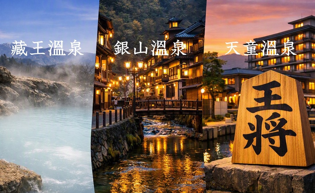 用於旅遊部落格的山形三大溫泉地比較封面圖：藏王溫泉、銀山溫泉與天童溫泉。 畫面中呈現藏王溫泉乳白色的湯煙、銀山溫泉充滿大正浪漫的街景，以及以將棋棋子為象徵的天童溫泉飯店風光，將三座溫泉的魅力濃縮在同一張圖片中。