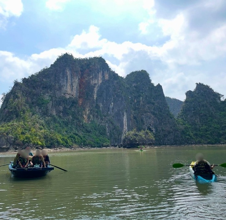 Rowboats and kayaks gliding across the calm waters of Ha Long Bay, surrounded by towering limestone cliffs, capturing a peaceful scene of popular activities in the bay.