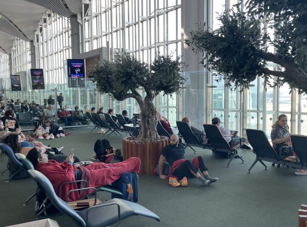 イスタンブール国際空港の待合エリア。大きなガラス窓から光が差し込み、植栽が並ぶ広々とした空間で多くの旅行者が出発を待っている様子が広がる。