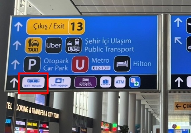 An information display board at Istanbul Airport showing clear directions to the Havaist bus boarding area.