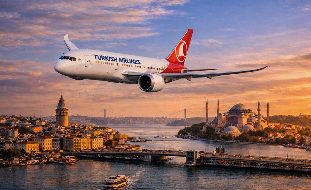 夕暮れのイスタンブール上空を飛ぶターキッシュエアラインズ機。ガラタ塔やアヤソフィア、ボスポラス海峡が広がり、歴史都市と航空旅の魅力が一望できる構図になっている。